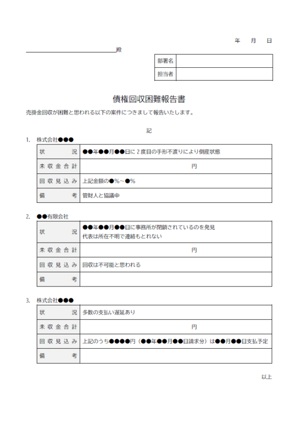 債権（売掛金）回収困難報告のテンプレート書式・Word