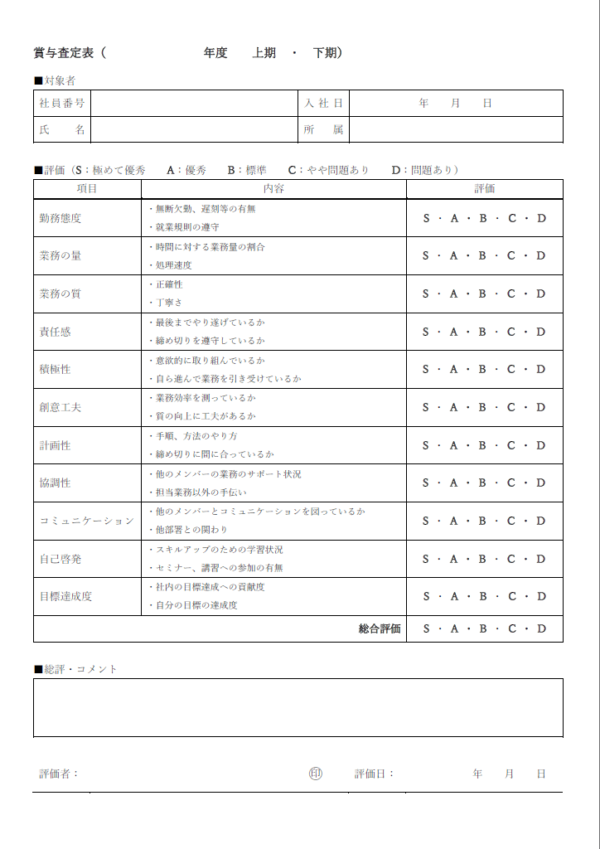 賞与査定表（5段階評価）のテンプレート書式・Word