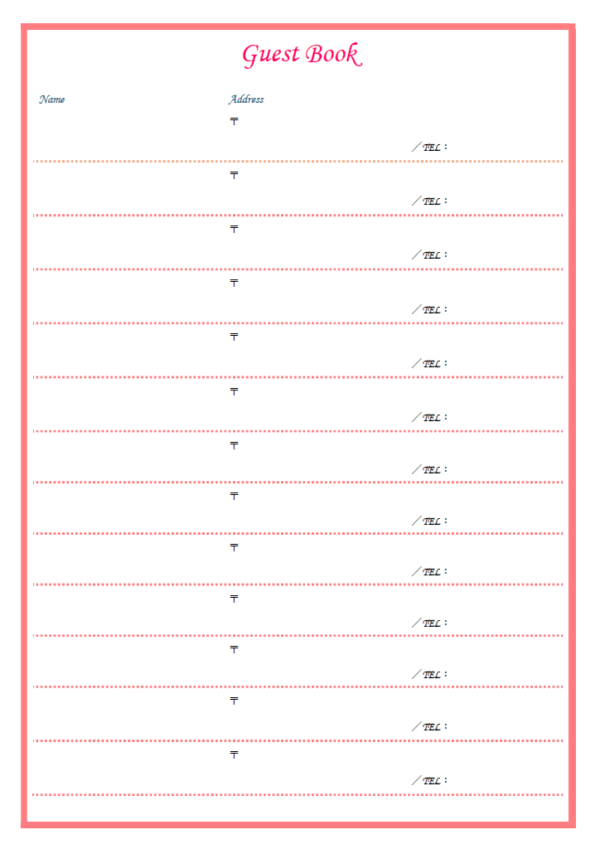 おしゃれなゲストブック（住所や電話番号欄付）のテンプレート書式・Word