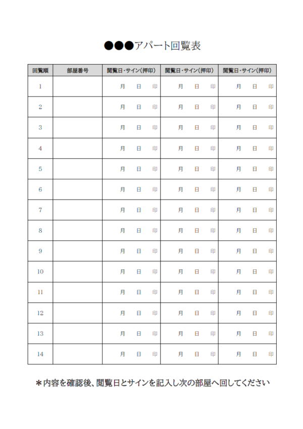 集合住宅の回覧板チェック表のテンプレート